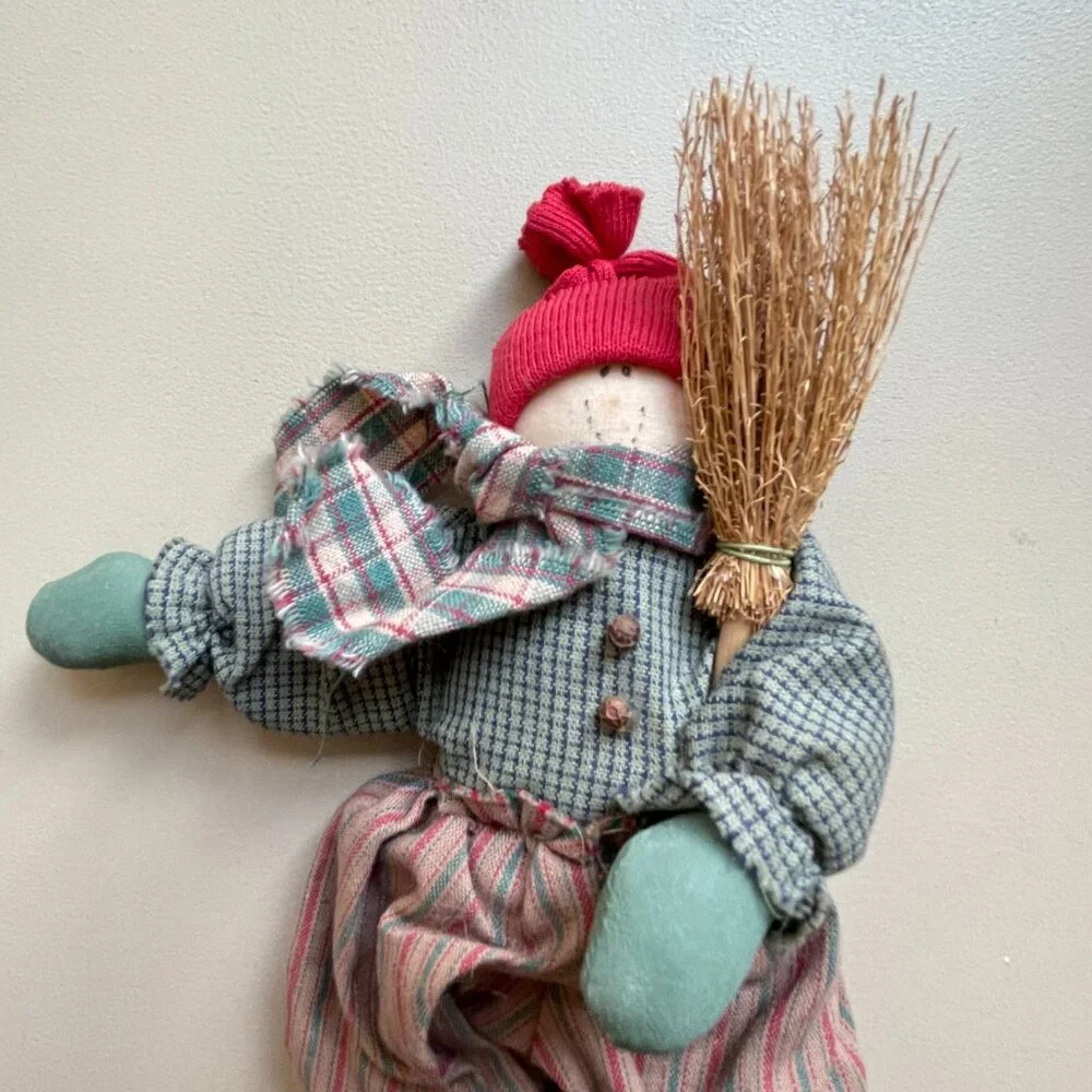 Snowman Doll Stuffed With Broom Winter Holiday Christmas Decor Primitive